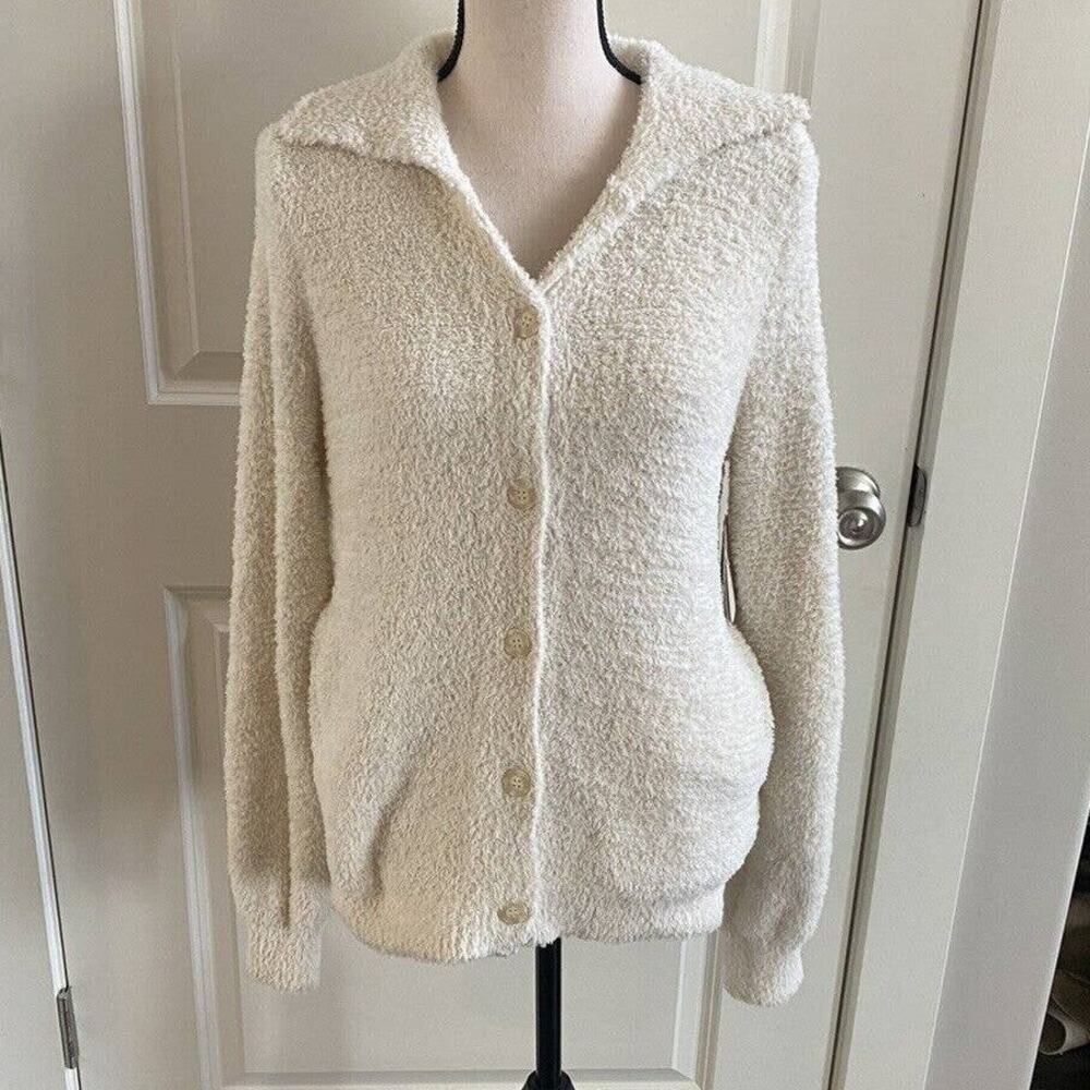 Susina Fuzzy Large Cream button up long sleeved sweater collar Ivory Dove NEW